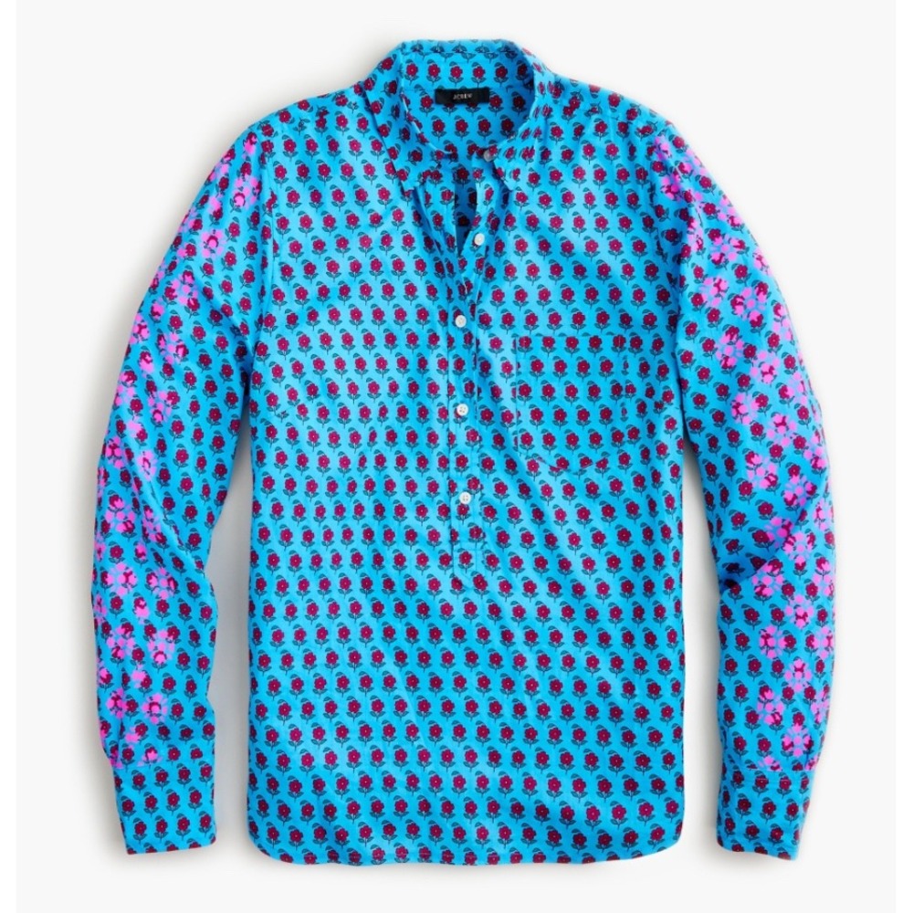 J.Crew Womens Classic Fit Popover Shirt Blue Floral Block Print AN769 Small